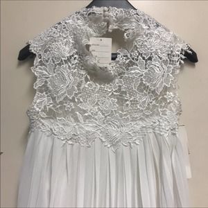 Galina High Neck Chiffon Ivory Pleated Lace Dress